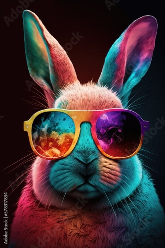 Rabbit with glasses in a colorful dream world, 3D illustration. Artificial intelligence. Nft photo