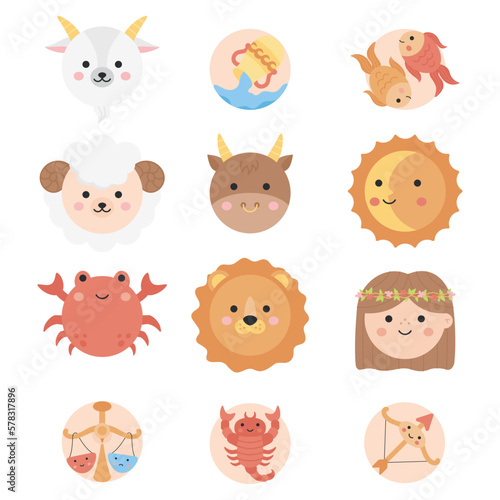 Cute zodiac signs vector set. Twelve round zodiac sign icons, illustrations, isolated collection.
