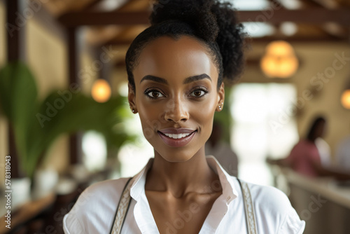 Beautiful black female bartender at the counter of a tropical restaurant or bar. Journey to the ancient world in virtual reality. Photorealistic drawing generated by AI.