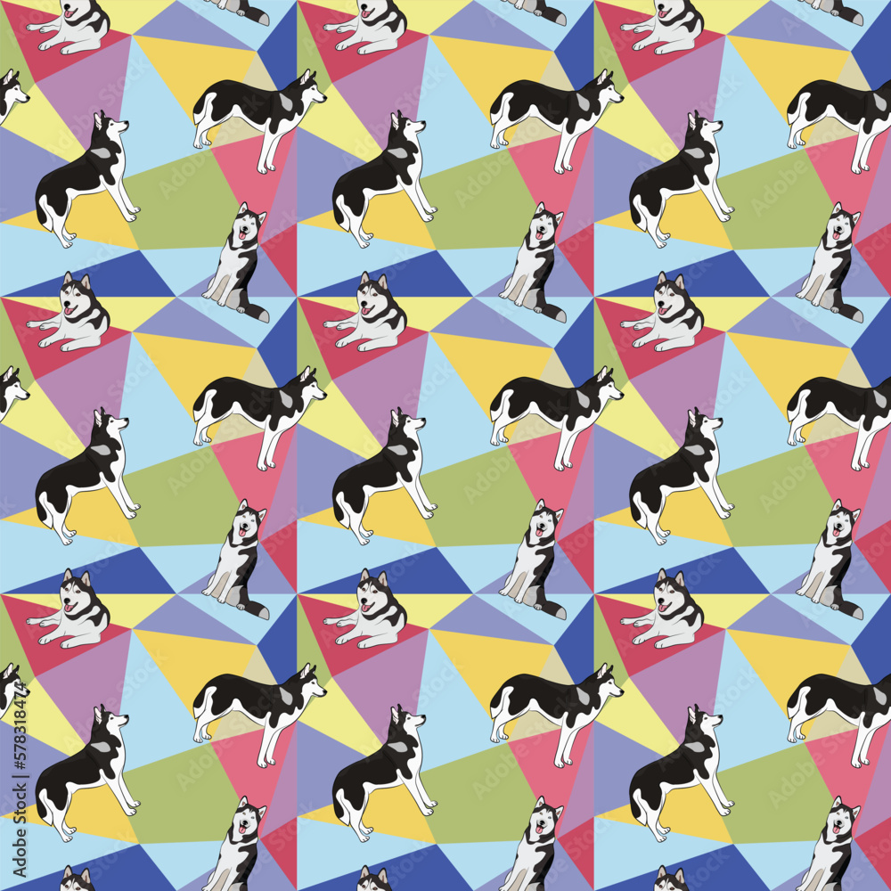 Husky dog on a mosaic geometric background. Funky, colorful vibe, rainbow colors palette. Simple, clean, modern texture. Geometric, polygon style. Summer seamless pattern with dogs.Triangles.