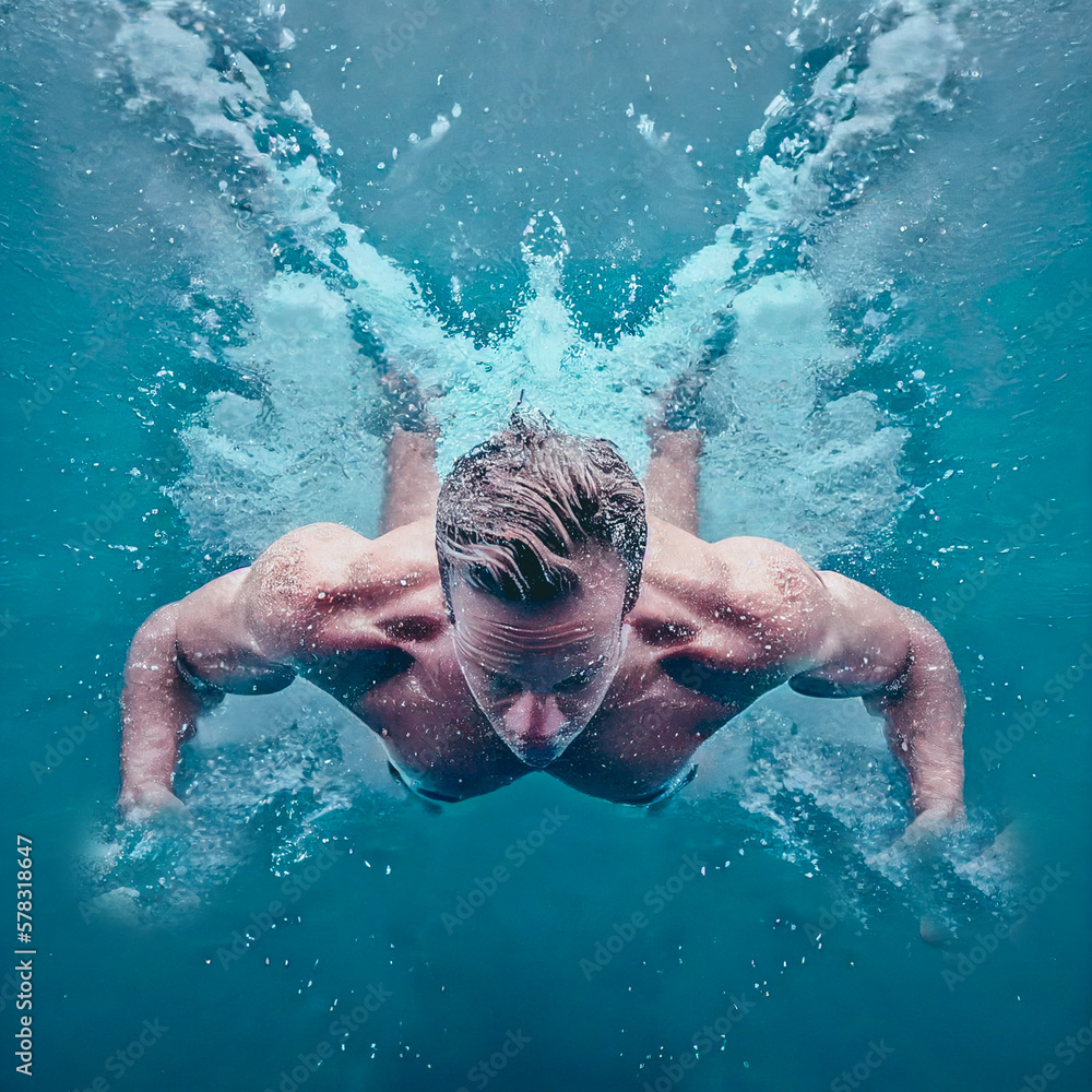 muscular swimmer in swim meet doing a jump