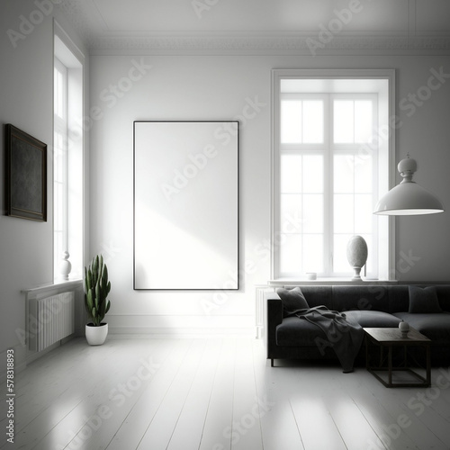 Modern interior living room  with a blank canvas as the backdrop. Perfect for showing your creativity. Created with Generative AI Technology