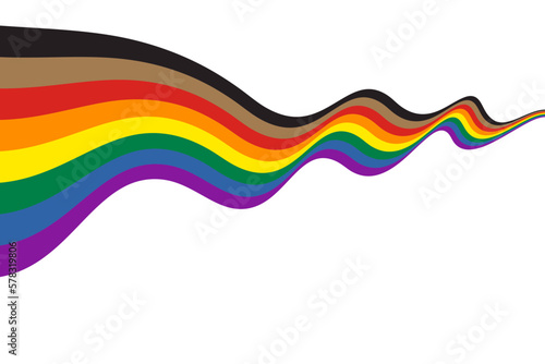 Waving ribbon of new Pride flag with black and brown stripes. Flat vector illustration