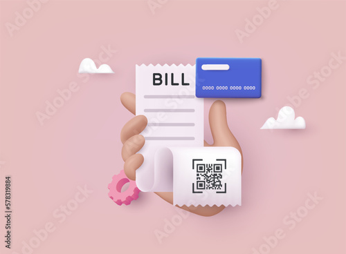 Hand holding finance bill. 3D bill payment with credit card and financial for online shopping, bill online payment credit card with payment protection concept.