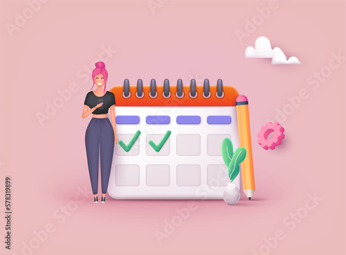 Woman with the phone have a calendar plan. 3d design modern vector illustration concept.