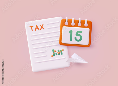 Online Tax payment. Filling tax form. Calendar show Tax Payment Date. Accounting and Financial Management Concept. 3D Web Vector Illustrations.