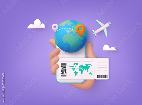 Online booking flight tickets concept on mobile phone. Time to travel concept. 3D Web Vector Illustrations.