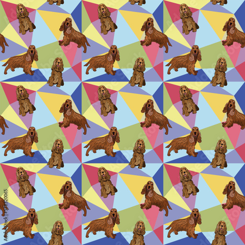 Cocker Spaniel dog on a mosaic geometric background. Funky, colorful vibe, rainbow colors palette. Simple, clean, modern texture. Geometric, polygon style. Summer seamless pattern with dogs.Triangles.