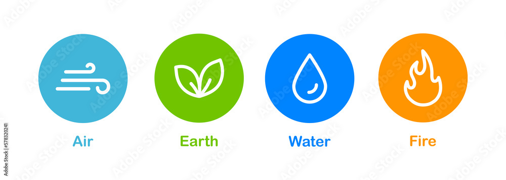 Four nature elements icon set. Air, earth, water, fire symbols. Natural  elements icons. Vector illustration. vector de Stock