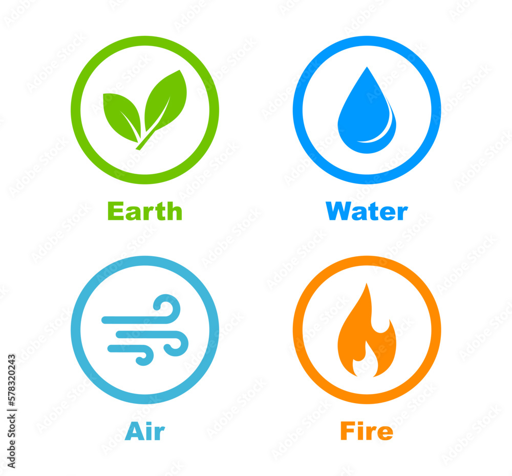 Four nature elements icon set. Air, earth, water, fire symbols. Natural  elements icons. Vector illustration. vector de Stock