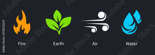 Four nature elements icon set. Air, earth, water, fire symbols. Natural elements icons. Vector illustration.
