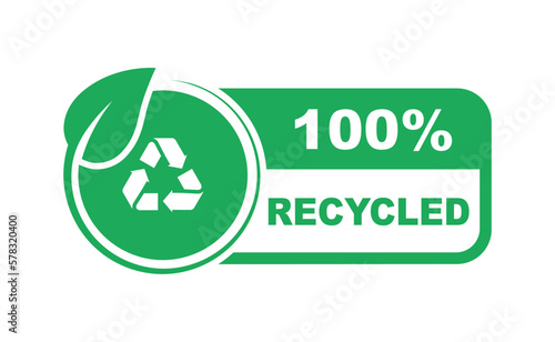 100% recycled label. Recycling icon. Ecological symbol. Zero waste - recycle, reuse and reduce. Environmental protection sign. Vector illustration.