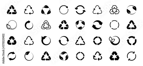 Set of recycle icon. Recycle symbol. Recycling icon. Rotation arrow pack. Reuse cycle. Vector eco icons for packaging products.