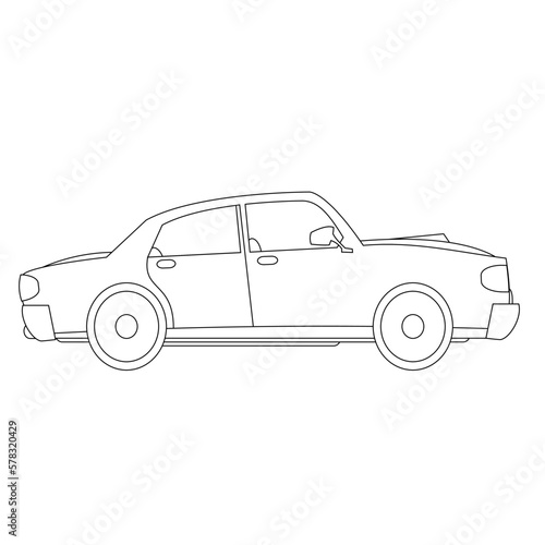 Adult coloring page for book and drawing. Car vector line art illustration. High speed drive vehicle. Graphic element. wheel. Black contour sketch illustrate Isolated on white background.