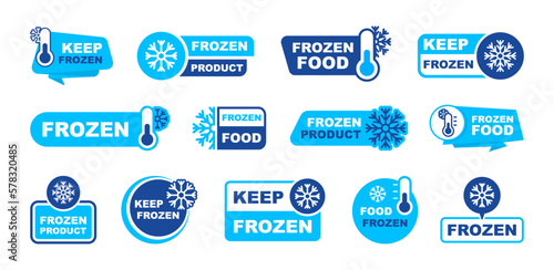 Frozen product label set. Keep frozen - badges for package product. Frozen food logo. Stickers with snowflake and thermometer. Storage in refrigerator and freezer. Vector illustration. photo