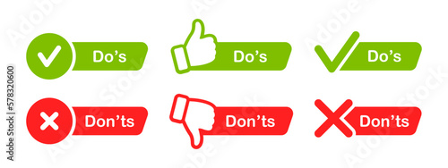 Do and Don't icon set. Check mark and cross. Like and dislike symbols. Thumb up and thumb down icons. Positive and negative signs. Vector illustration.
