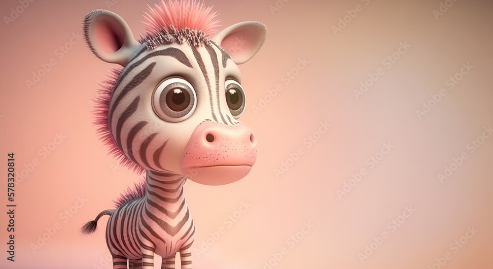 Naklejka premium Cute Cartoon Zebra on a pastel color background. Child character. Generative AI
