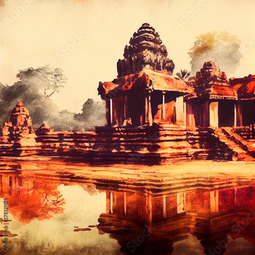 Watercolour drawing of ancient temple near a pond, ai illustration