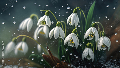 Snowdrops on a green blurred background. First spring flowers with water droplets. Early spring, blooming snowdrops growing outdoors. Generative ai illustration 