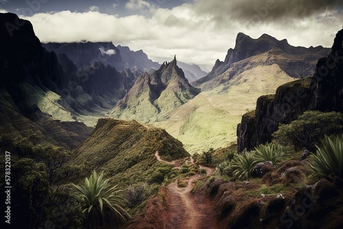 Entry in Mafate Cirque stock photo Réunion - French Overseas Territory, Mountain, Landscape - Scenery, Island, France, AI generated photo