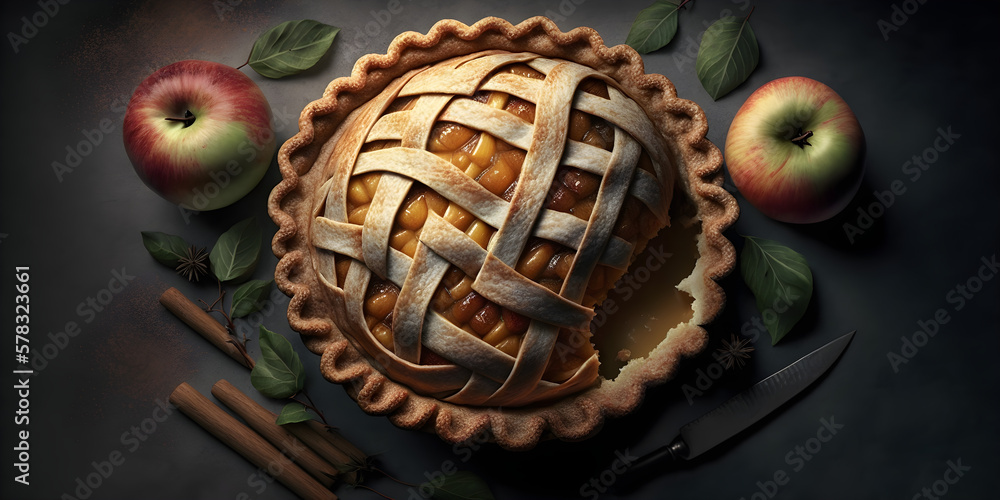 Apple pie on a dark stone with apples. Traditional Thanksgiving dessert. Photo of dark food. Created with Generative AI