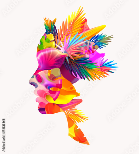 Women face with plants and flowers. Female profile and colorful 3D tropical leafs. © theromb
