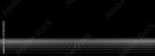 Abstract technology perspective grid. Detailed wireframe landscape with lines on black background. Digital space with mesh. 3d rendering.