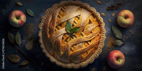 Apple pie on a dark stone with apples. Traditional Thanksgiving dessert. Photo of dark food. Created with Generative AI