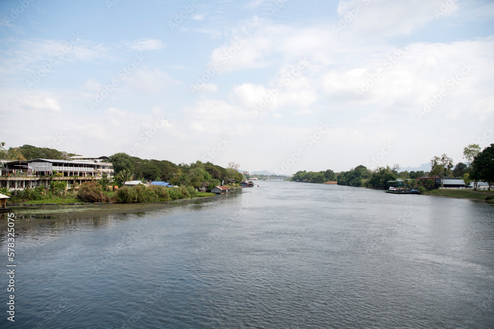 Fototapeta premium Panoramic view of The Khwae Yai (Kwai) River in Kanchanaburi, Thailand
