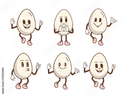 Retro cartoon smiling egg mascot character walking jumping standing. Retro Easter Egg with halftone pattern with different face emotions. Vector outline illustration for t-shirt print or poster design