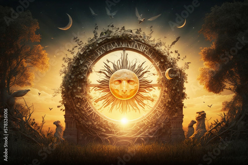 Summer sun solstice concept AI generation Big sun face Generative AI photo