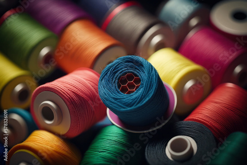 Different colorful sewing threads on wooden table, closeup