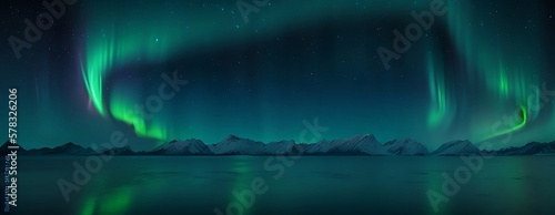 "Aurora Borealis in Norway: A Stunning Natural Winter Landscape. Green Northern Lights Above Mountains and Reflected on Water Surface."