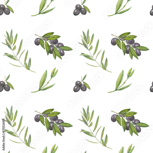 seamless pattern of watercolor drawings of black olive branches