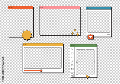 Digital User Interface with Retro Vaporwave Aesthetics from the 90s: Vector Set of Nostalgic PC Icons, Cute UI Elements, and Dialog Boxes, Illustrated on a Computer Screen