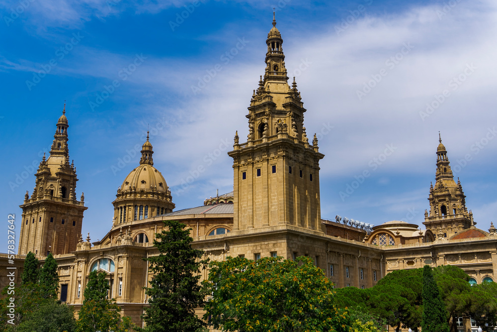 Museu Nacional d'Art de Catalunya day side view on Montjuic hill in Barcelona, Spain.