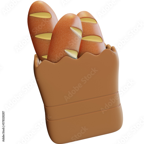 3d baguette bread with grocery bag