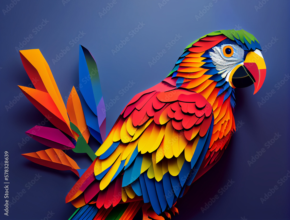 Paper cut illustration of A parrot perched on a tree branch. Generative Ai.
