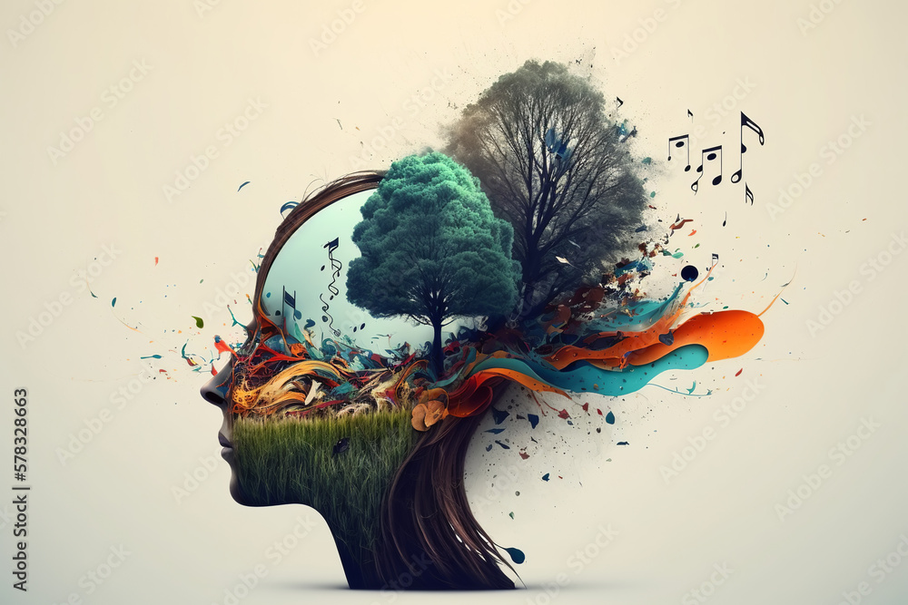 Mental health, creative music therapy, psychological concept. Profile female head silhouette, grass, tree, musical notes, double exposure. Generative ai illustration - obrazy, fototapety, plakaty 