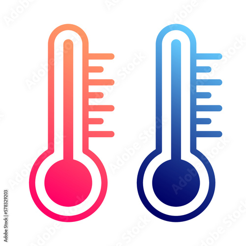 Set of thermometer icons in gradient flat style showing hot and cold temperature. Weather forecast symbols, climate control design, heating and cooling indicators for app UI and infographic elements.
