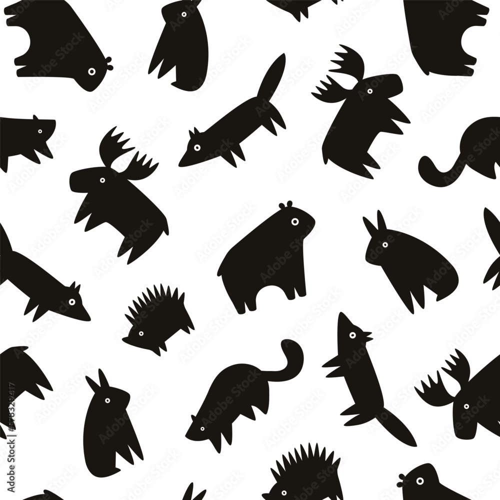Seamless pattern with monochrome black forest animals.