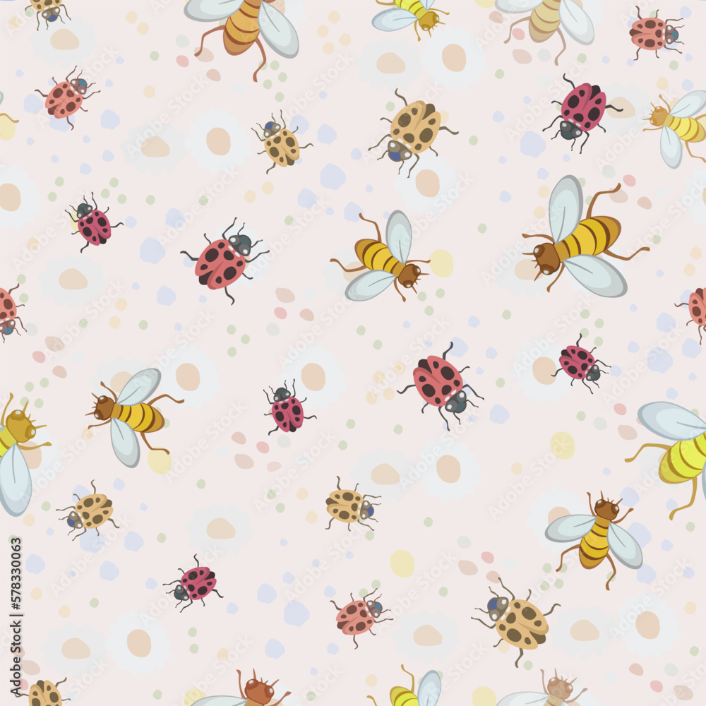 Vector seamless pattern with bees and ladybirds on pastel floral background. Summer concept. Vector seamless pattern with bees and ladybirds on pastel floral background. Summer concept.