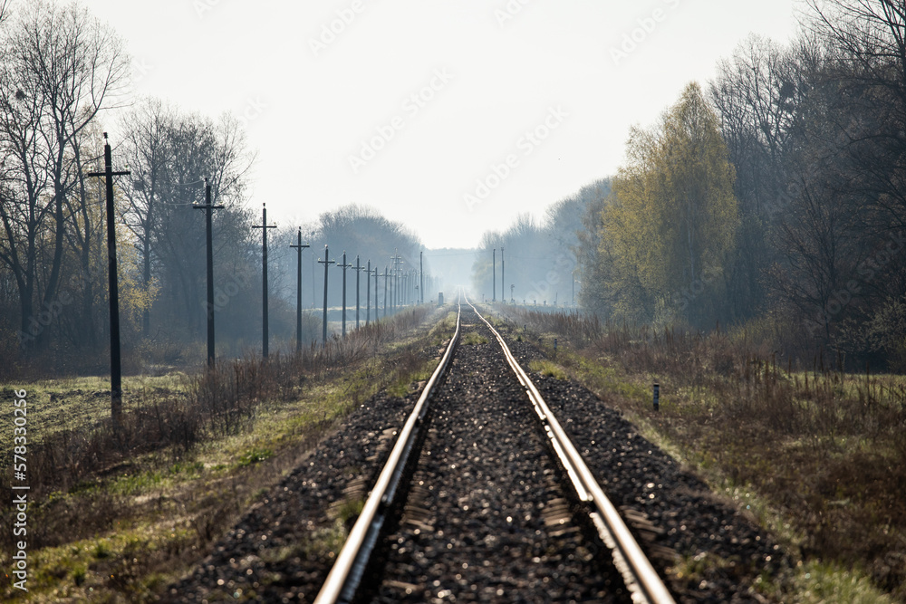 Fototapeta premium Railway tracks. Railway in the fog