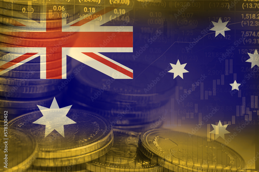 Fototapeta premium Stock market investment trading financial, coin and Australia flag or Forex for analyze profit finance business trend data background.