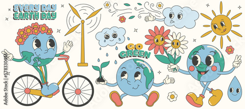 Y2k groovy earth day cartoon sticket set. Environmental protection. Save green planet and ecology concept.