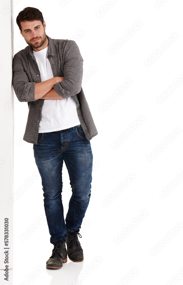 Waiting around for an opportunity. Full length studio shot of a handsome young man with his arms folded leaning against a board. Waiting around for an opportunity. Full length studio shot of a handsome young man with his arms folded leaning against a board.