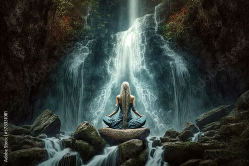 Enjoy Peace and Tranquility Woman Meditates in Nature, Feels Renewed at Waterfall. Generative AI