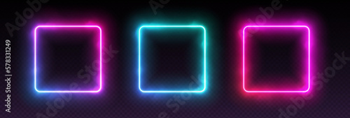 Gradient neon square frames with smoke, led borders with mist effect, transparent glowing haze. Avatar frames for game, futuristic UI design elements. Vector decorations.