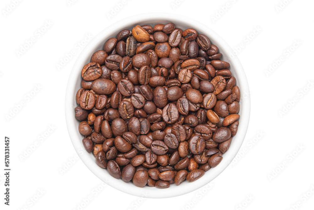 Cutout coffee beans in a white ceramic cup on white background. Cutout coffee beans in a white ceramic cup on white background.