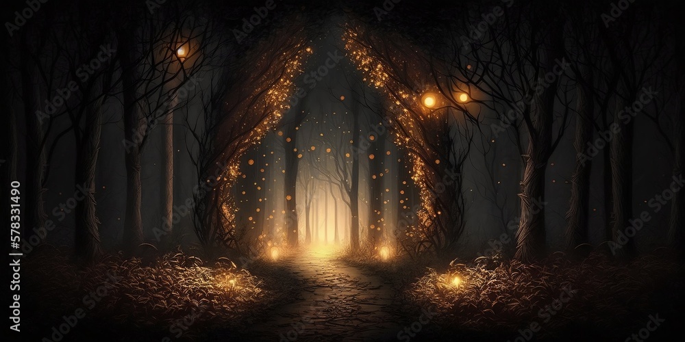 forêt sombre et mystérieuse, format panoramique - illustration ia	
 - obrazy, fototapety, plakaty 